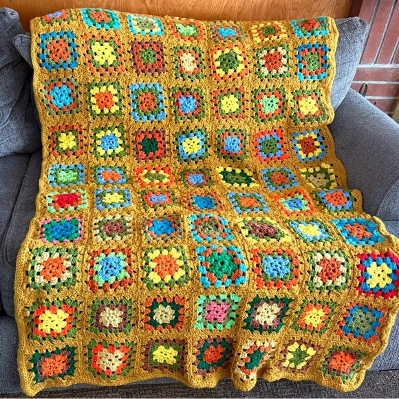 Vintage 70s Handmade Groovy Granny Square Warm Toned Colorful Afghan